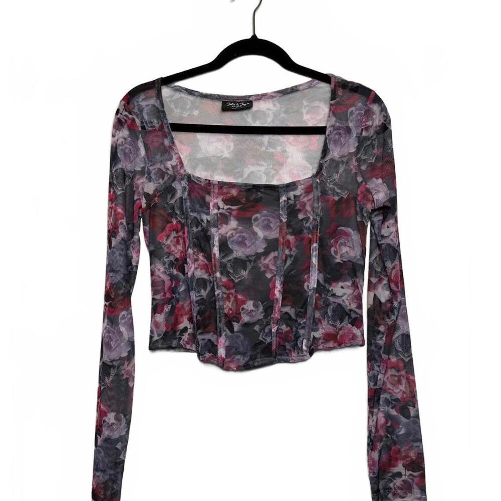 Floral Mesh Long‎ Sleeve Cropped Corset Top